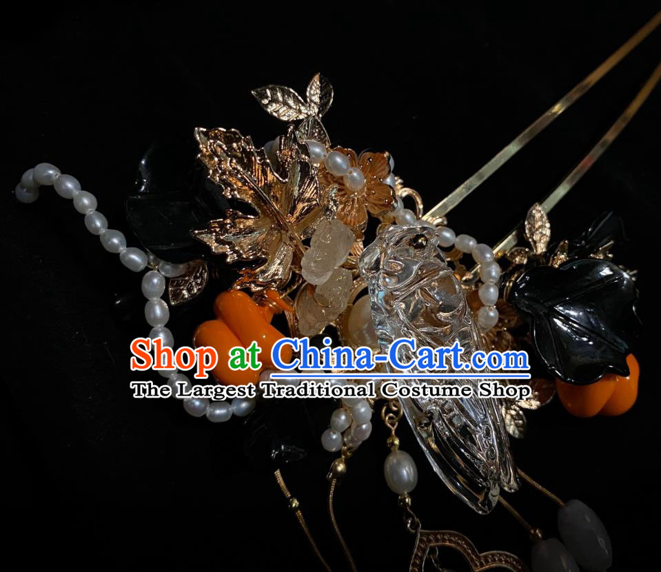 China Handmade Ming Dynasty Crystal Cicada Hairpin Cosplay Hanfu Hair Accessories Ancient Empress Golden Hair Stick