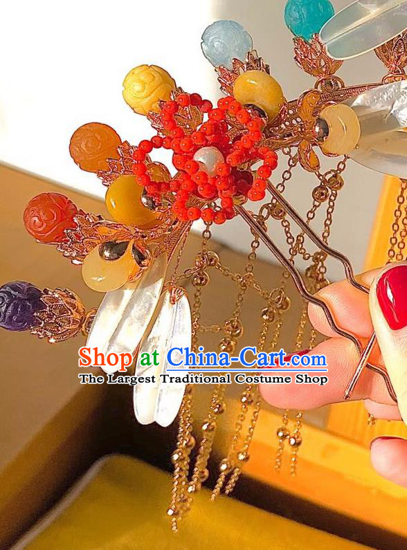 China Handmade Golden Tassel Hairpin Traditional Song Dynasty Hair Accessories Ancient Imperial Concubine Gems Hair Comb