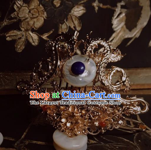 China Handmade Golden Dragon Hairpin Traditional Tang Dynasty Hair Accessories Ancient Prince Shell Hairdo Crown