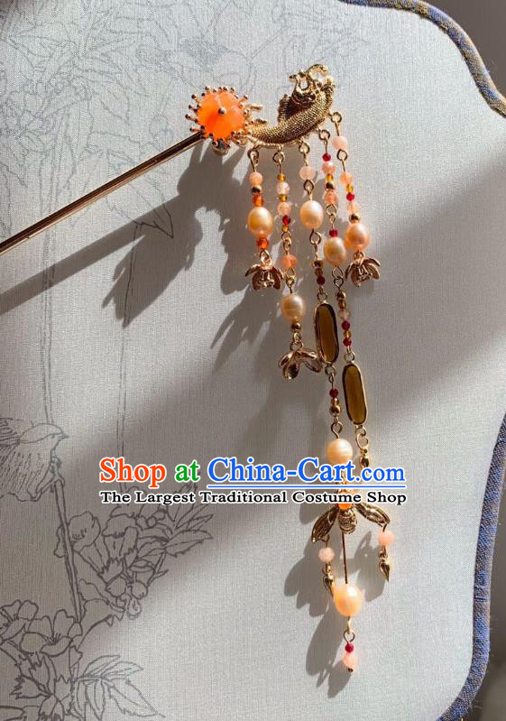 China Handmade Golden Fish Tassel Hairpin Traditional Ming Dynasty Hair Accessories Ancient Court Beauty Pearls Hair Stick