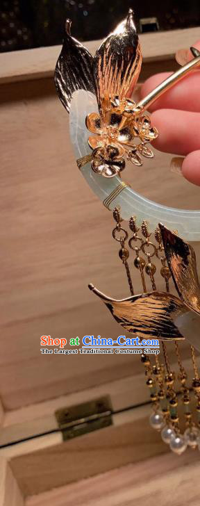 China Handmade Jade Moon Hairpin Traditional Song Dynasty Hair Accessories Ancient Princess Golden Tassel Hair Stick
