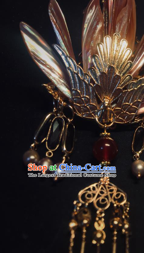 China Handmade Golden Phoenix Hairpin Traditional Tang Dynasty Hair Accessories Ancient Swordswoman Shell Hair Crown