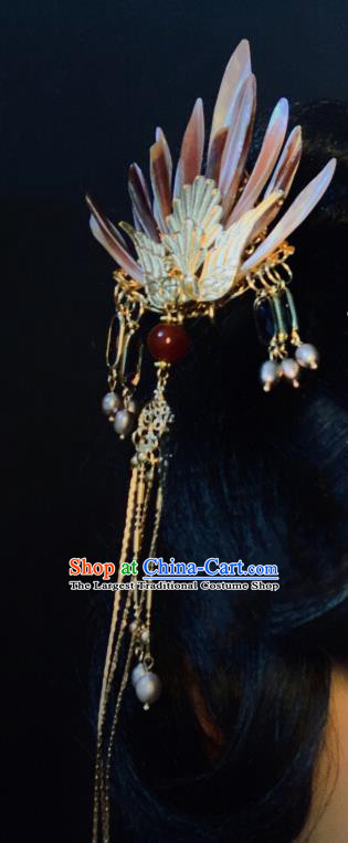China Handmade Golden Phoenix Hairpin Traditional Tang Dynasty Hair Accessories Ancient Swordswoman Shell Hair Crown
