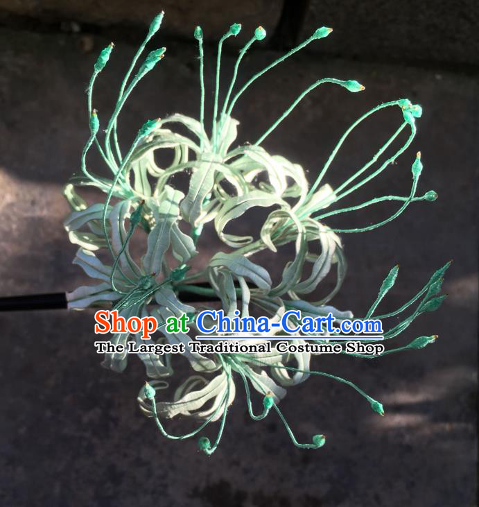 China Handmade Light Green Silk Manjusaka Hairpin Traditional Hanfu Headpiece Ancient Tang Dynasty Princess Hair Stick
