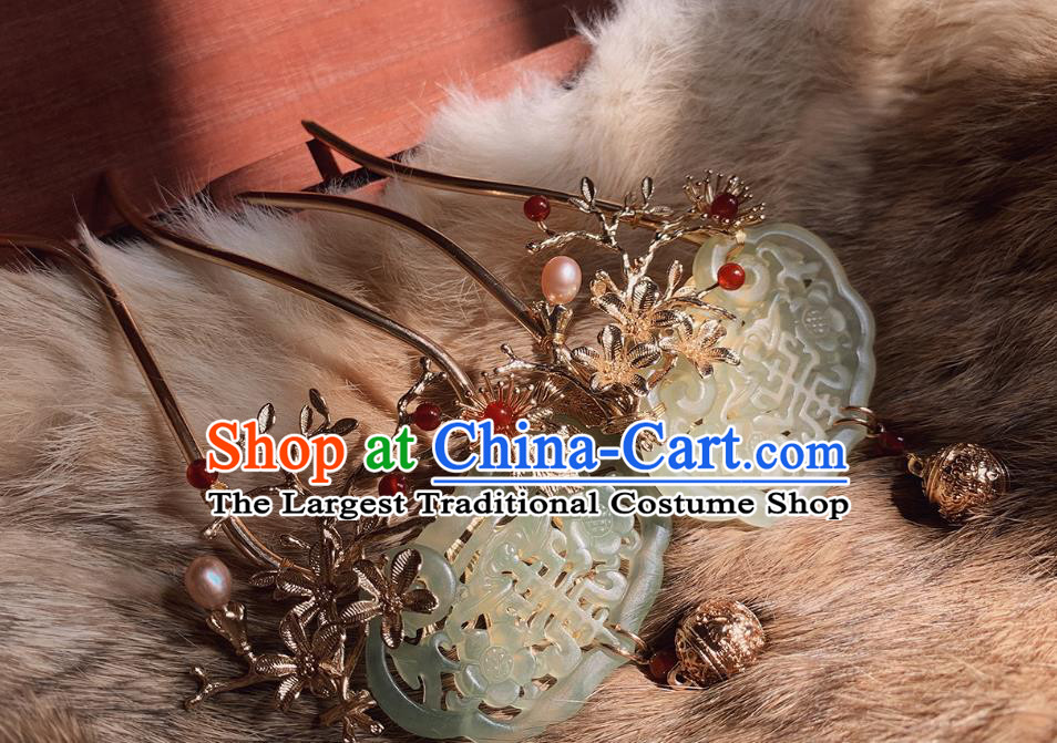 China Handmade Golden Hairpin Traditional Ming Dynasty Hair Accessories Ancient Noble Woman Jade Hair Stick
