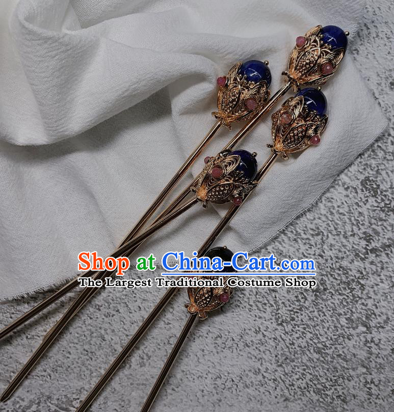 China Handmade Lapis Hairpin Traditional Tang Dynasty Hair Accessories Ancient Imperial Concubine Golden Hair Stick