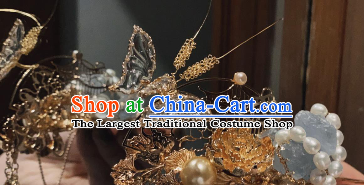 China Traditional Hanfu Hair Accessories Handmade Ming Dynasty Crystal Butterfly Hairpin Ancient Empress Aquamarine Hair Stick