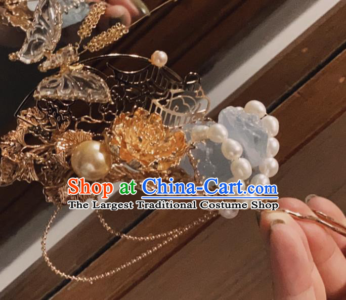 China Traditional Hanfu Hair Accessories Handmade Ming Dynasty Crystal Butterfly Hairpin Ancient Empress Aquamarine Hair Stick