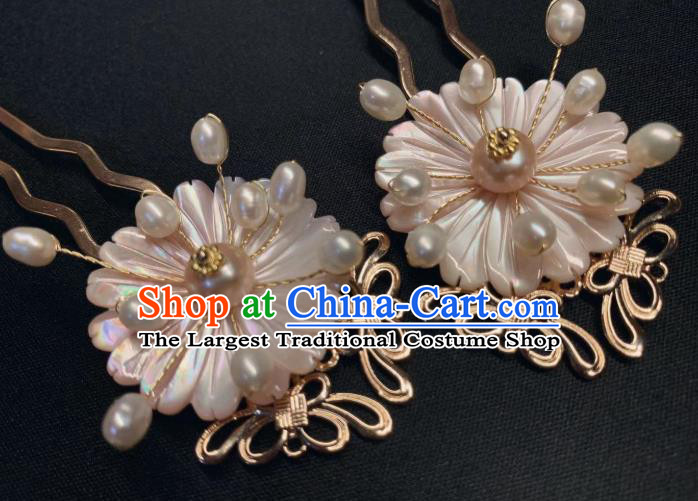 China Handmade Pink Shell Daisy Hairpin Traditional Ming Dynasty Hair Accessories Ancient Princess Pearls Hair Stick