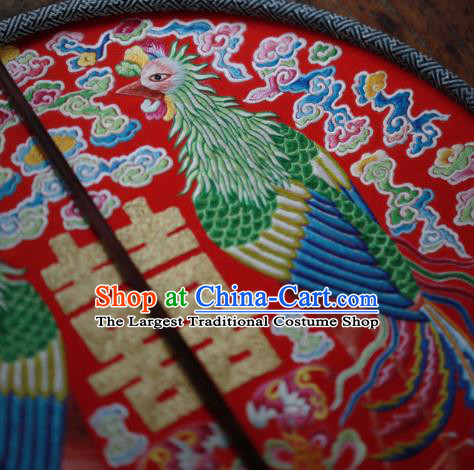 China Traditional Wedding Circular Fan Handmade Embroidered Phoenix Fan Classical Red Silk Palace Fan