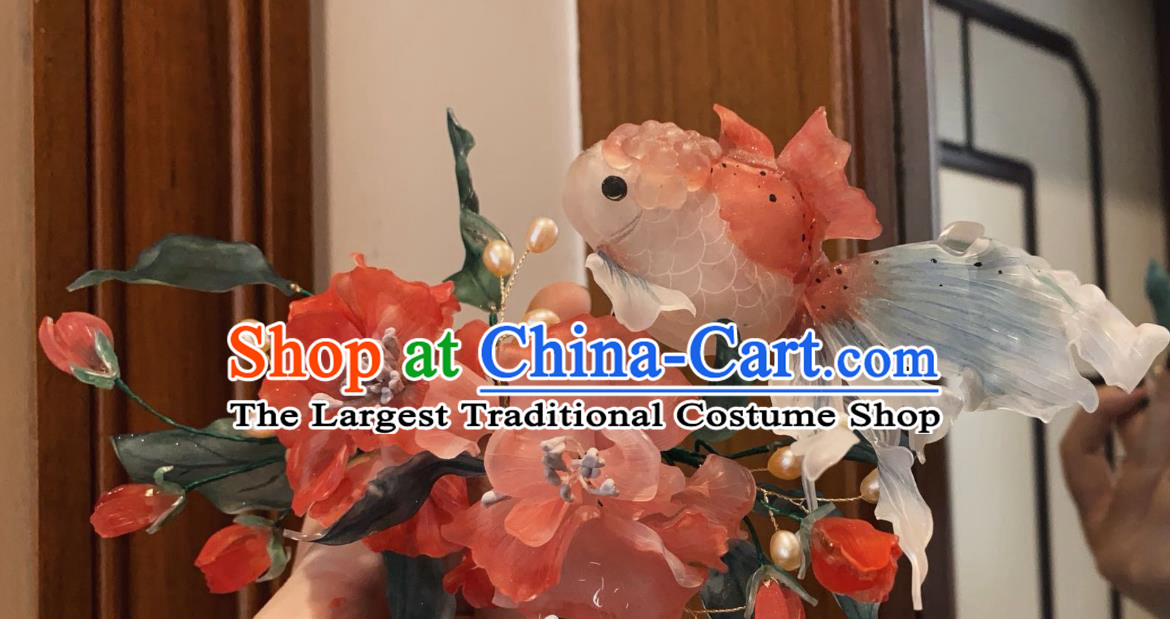 China Handmade Red Goldfish Hairpin Traditional Ming Dynasty Hair Accessories Ancient Princess Hair Crown