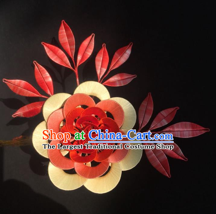 China Handmade Silk Red Camellia Hairpin Traditional Hanfu Headpiece Ancient Tang Dynasty Empress Hair Comb