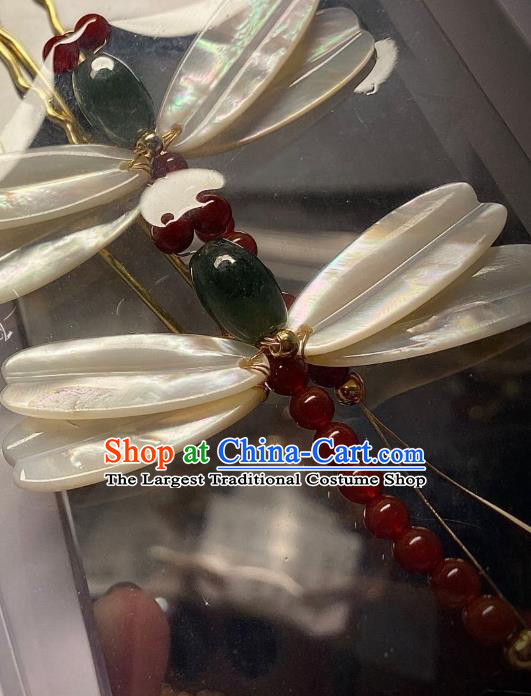 China Handmade Shell Dragonfly Hairpin Traditional Ming Dynasty Hair Accessories Ancient Princess Jadeite Hair Stick
