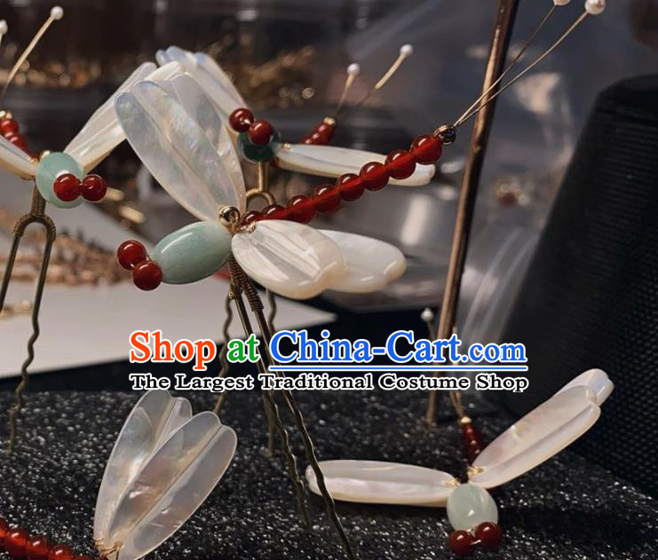China Handmade Shell Dragonfly Hairpin Traditional Ming Dynasty Hair Accessories Ancient Princess Jadeite Hair Stick