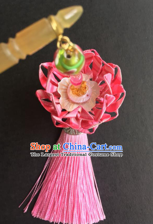 China Handmade Pink Silk Lotus Hairpin Traditional Hanfu Headpiece Ancient Tang Dynasty Court Beauty Tassel Hair Stick