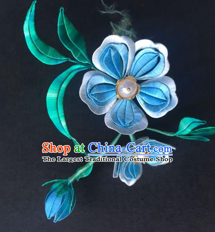China Handmade Blue Silk Peach Blossom Hairpin Traditional Hanfu Headpiece Ancient Song Dynasty Young Lady Hair Stick