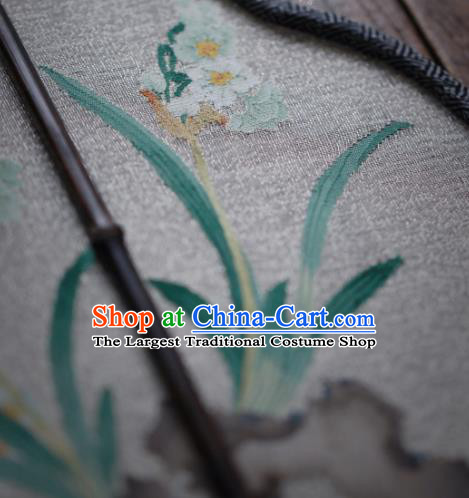 Chinese Handmade Kesi Daffodil Painting Silk Fan Traditional Hanfu Palace Fan