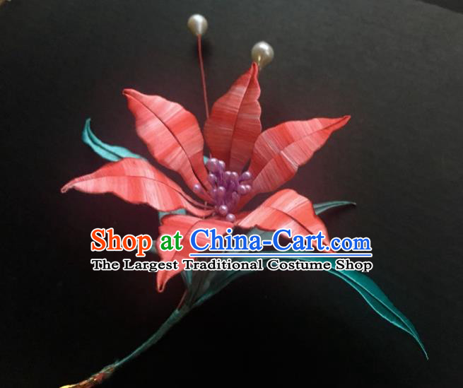China Handmade Silk Lily Flower Hairpin Traditional Hanfu Hair Accessories Ancient Village Girl Hair Stick