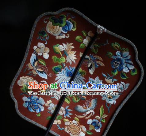 China Classical Red Silk Palace Fan Traditional Wedding Fan Handmade Embroidered Chrysanthemum Peony Fan