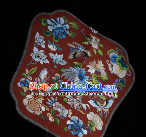 China Classical Red Silk Palace Fan Traditional Wedding Fan Handmade Embroidered Chrysanthemum Peony Fan