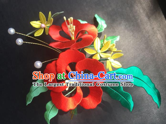 China Handmade Red Silk Hibiscus Hairpin Traditional Ming Dynasty Hair Accessories Ancient Young Beauty Hair Stick