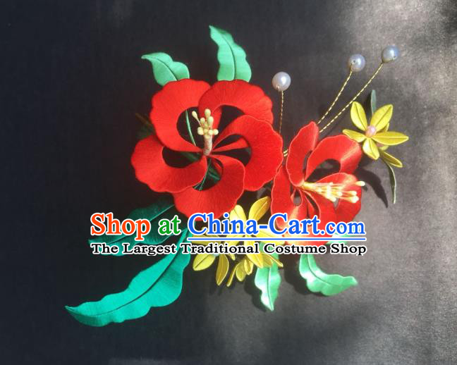 China Handmade Red Silk Hibiscus Hairpin Traditional Ming Dynasty Hair Accessories Ancient Young Beauty Hair Stick