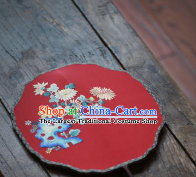 China Classical Red Silk Palace Fan Traditional Wedding Hanfu Fan Handmade Embroidered Chrysanthemum Fan
