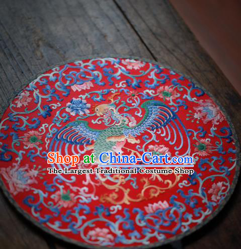 China Handmade Embroidered Phoenix Circular Fan Classical Red Silk Palace Fan Traditional Wedding Hanfu Fan