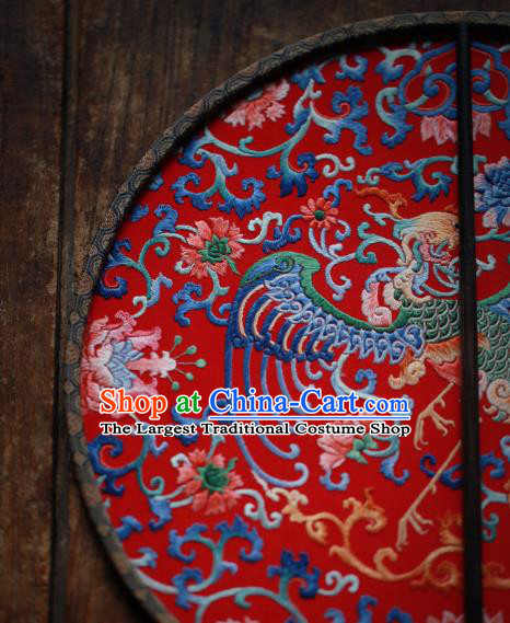 China Handmade Embroidered Phoenix Circular Fan Classical Red Silk Palace Fan Traditional Wedding Hanfu Fan