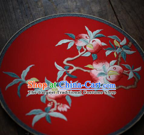 China Traditional Wedding Hanfu Fan Handmade Embroidered Peach Circular Fan Classical Red Silk Palace Fan