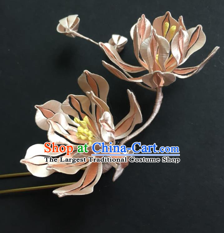 China Handmade Pink Silk Mangnolia Hairpin Traditional Hanfu Hair Accessories Ancient Noble Lady Hair Stick