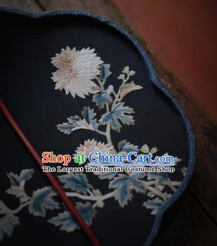 China Classical Navy Silk Palace Fan Traditional Hanfu Fan Handmade Embroidered Chrysanthemum Fan