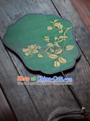 Chinese Ancient Princess Hanfu Fans Handmade Kesi Rose Painting Pattern Green Silk Fan Traditional Palace Fan