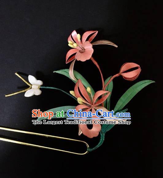 China Handmade Silk Orchids Hairpin Traditional Hanfu Hair Accessories Ancient Princess Shell Butterfly Hair Stick