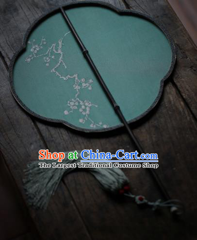 Chinese Handmade Kesi Plum Blossom Painting Pattern Green Silk Fan Traditional Palace Fan Ancient Princess Hanfu Fans