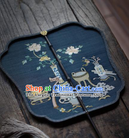 Chinese Ancient Princess Hanfu Fans Handmade Kesi Peony Vase Painting Pattern Navy Silk Fan Traditional Palace Fan