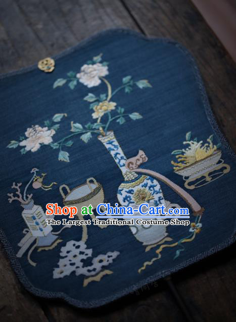 Chinese Ancient Princess Hanfu Fans Handmade Kesi Peony Vase Painting Pattern Navy Silk Fan Traditional Palace Fan