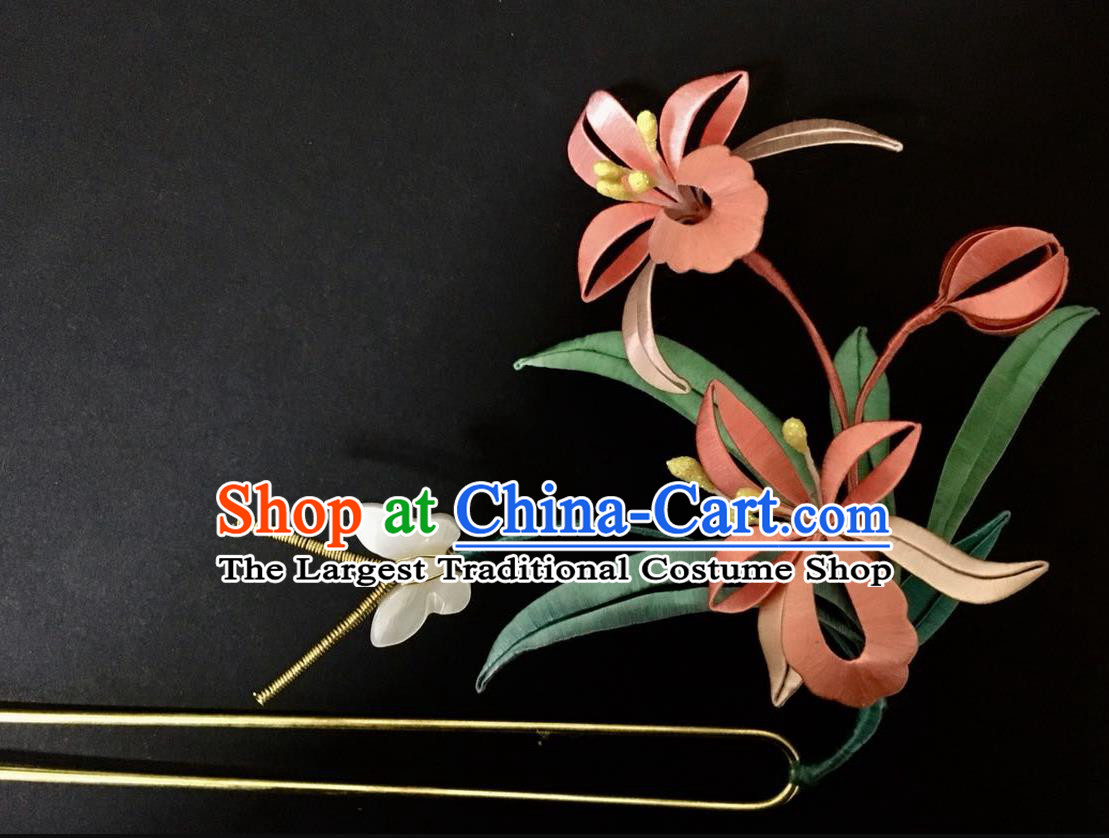China Handmade Silk Orchids Hairpin Traditional Hanfu Hair Accessories Ancient Princess Shell Butterfly Hair Stick
