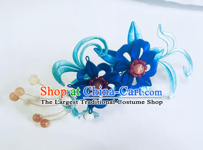 China Handmade Blue Silk Flowers Hairpin Traditional Ming Dynasty Hair Accessories Ancient Palace Lady Hair Stick