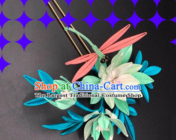 China Handmade Silk Lotus Dragonfly Hairpin Traditional Song Dynasty Hair Accessories Ancient Imperial Concubine Hair Clip