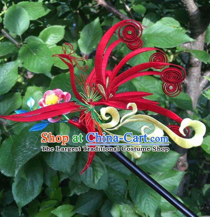 China Handmade Red Silk Phoenix Hairpin Traditional Ming Dynasty Hair Accessories Ancient Wedding Hair Stick