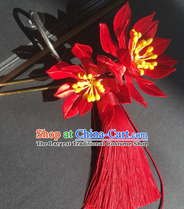 China Handmade Red Silk Flowers Hairpin Traditional Cheongsam Hair Accessories Ancient Bride Tassel Hair Stick