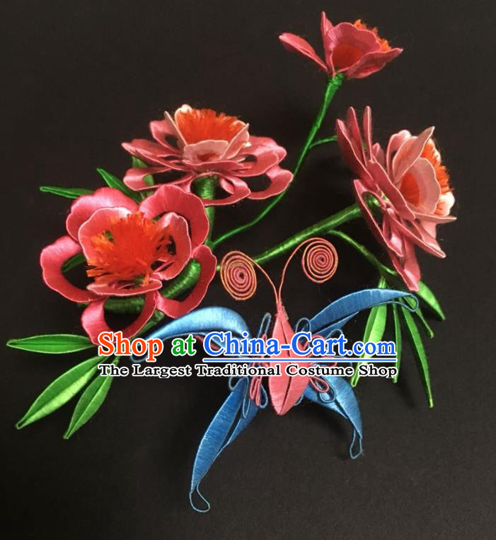 China Handmade Pink Silk Peony Butterfly Hairpin Traditional Qing Dynasty Hair Accessories Ancient Manchu Princess Hair Clip
