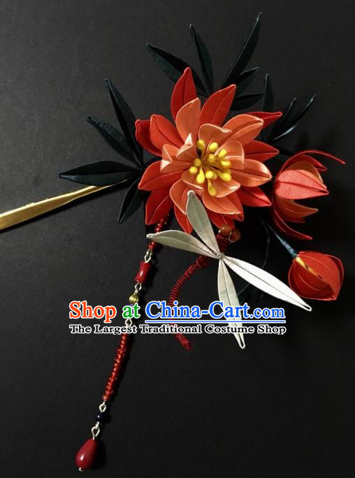 China Handmade Silk Chrysanthemum Hairpin Traditional Wedding Hair Accessories Ancient Princess Red Beads Tassel Hair Stick