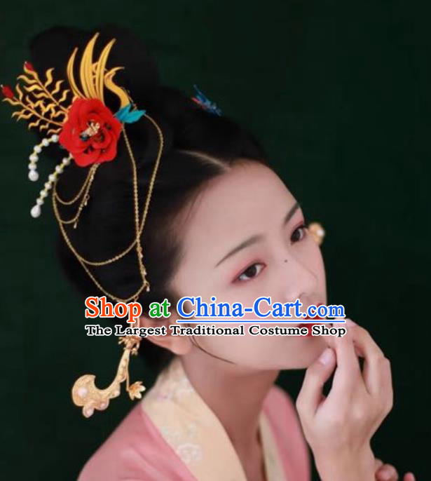 China Handmade Silk Golden Phoenix Hairpin Traditional Hanfu Headpiece Ancient Song Dynasty Noble Woman Red Peony Hair Crown