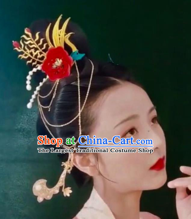 China Handmade Silk Golden Phoenix Hairpin Traditional Hanfu Headpiece Ancient Song Dynasty Noble Woman Red Peony Hair Crown