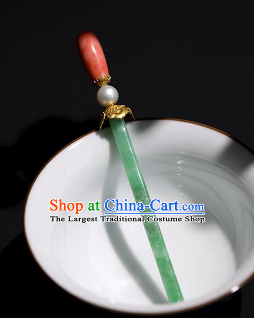 China Handmade Jadeite Hairpin Traditional Qing Dynasty Court Headpiece Ancient Imperial Concubine Hair Clip