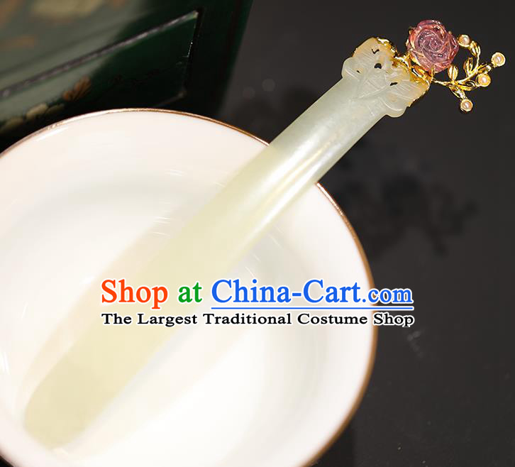 China Handmade Hetian Jade Hairpin Traditional Qing Dynasty Court Headpiece Ancient Noble Woman Hair Stick