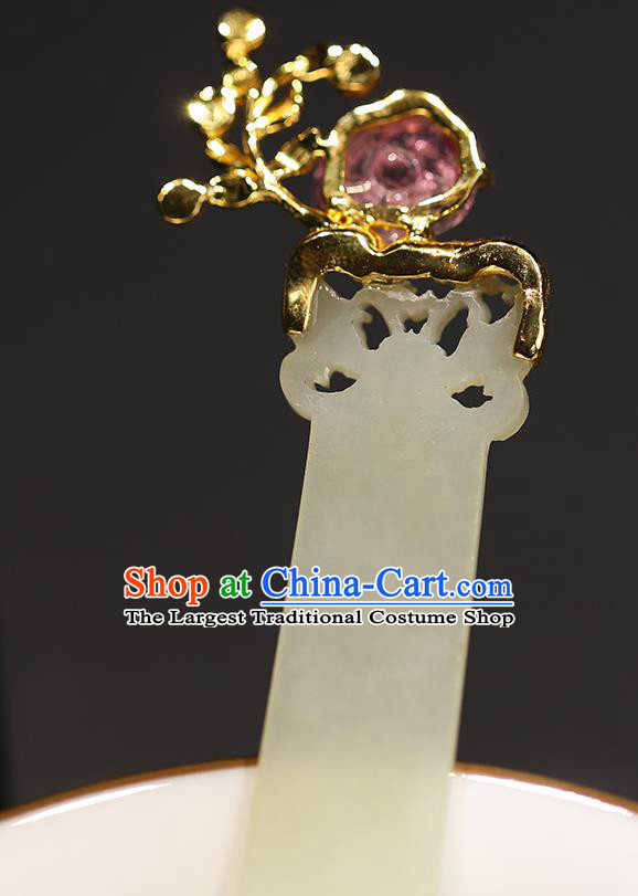 China Handmade Hetian Jade Hairpin Traditional Qing Dynasty Court Headpiece Ancient Noble Woman Hair Stick