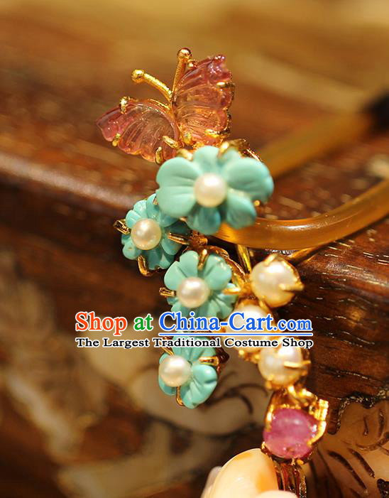 China Handmade Pearls Tassel Hairpin Traditional Ming Dynasty Court Headpiece Ancient Empress Golden Phoenix Hair Stick